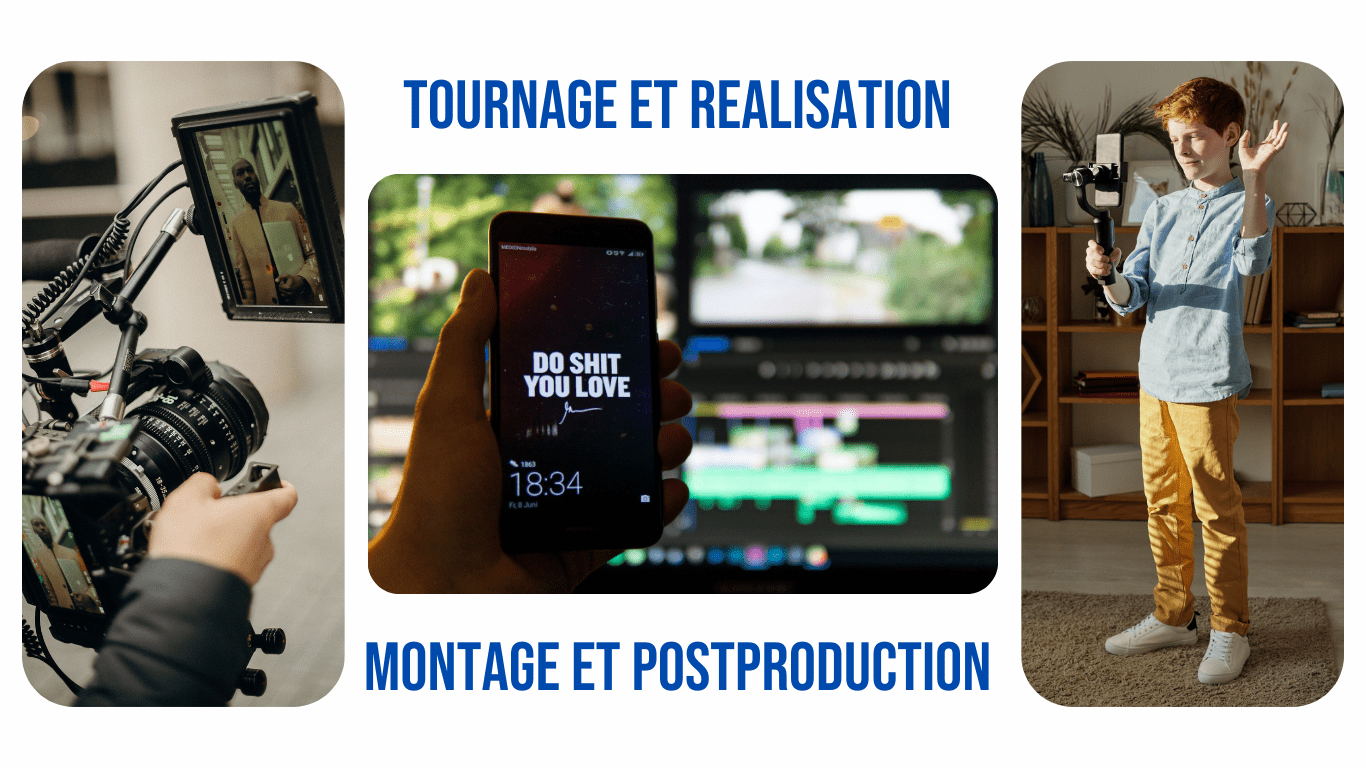 montage photo présentant deux images de tournage et une image avec une station de montage en arrière plan